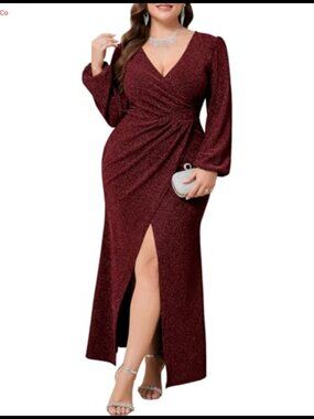 Plus Size Formal Maxi Dress Sparkly Ruched Puff Sleeve V Neck Slit Evening Gown